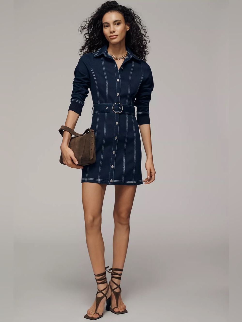 Dark Navy Button-Front Belted Shirt Dress
